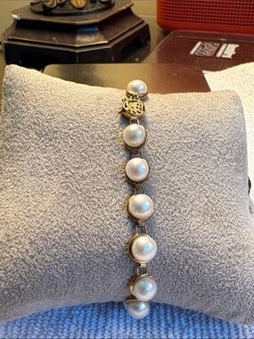 14K Yellow Gold 6.5mm Cultured Pearl Bezel-Set Tennis Bracelet